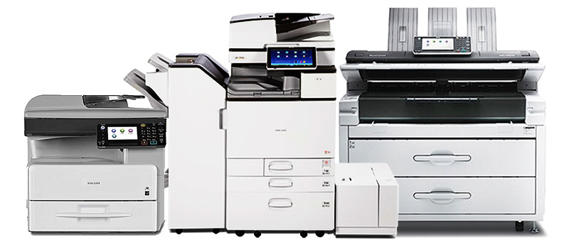 Group of office printers and multifunction devices, including compact, mid-sized, and wide-format models, designed for business-to-business (B2B) printing solutions and high-volume document management.