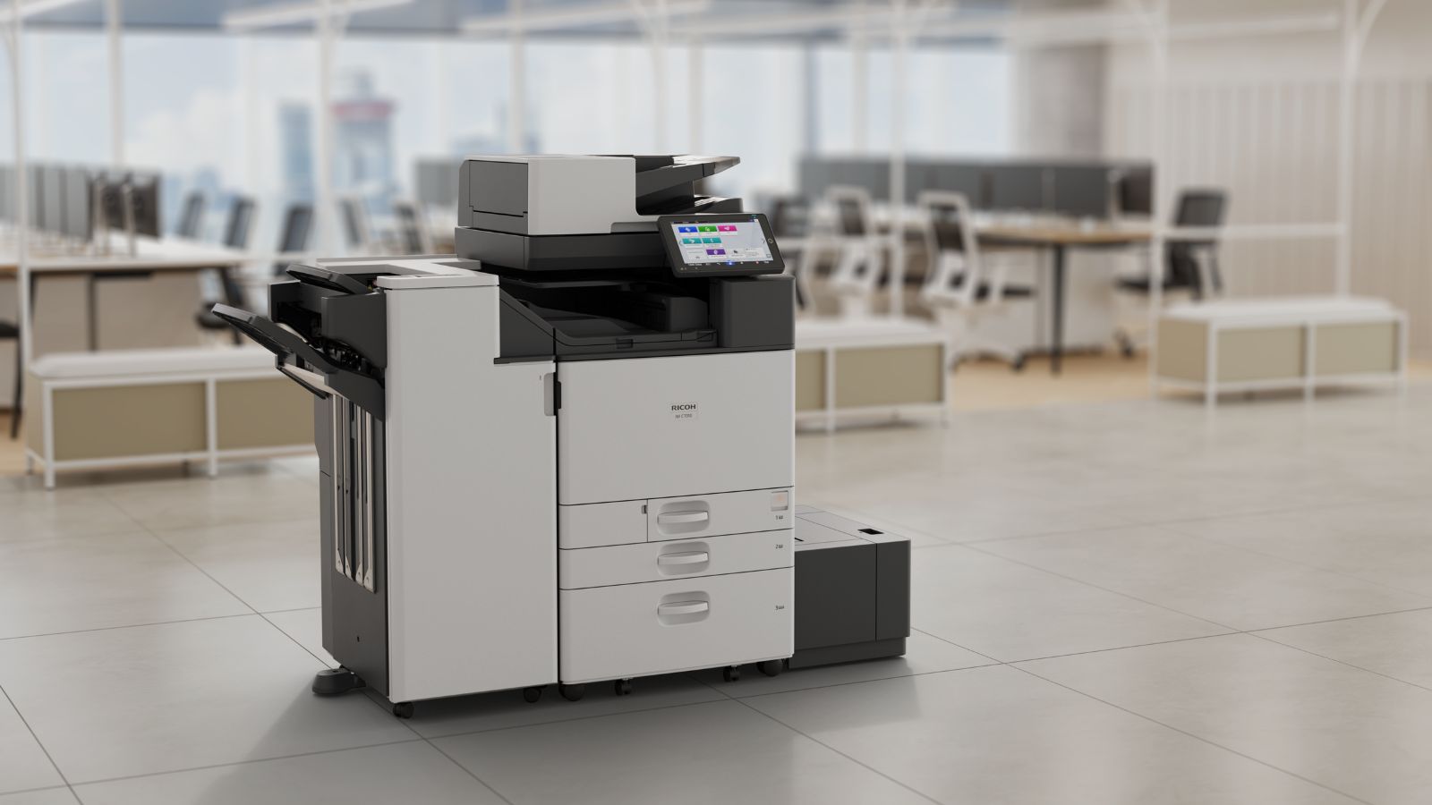 Ricoh multifunction printer in a modern office setting, offered by Woodhull, LLC, providing advanced document management solutions for businesses in Ohio.